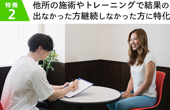 他所の施術やトレーニングで結果の出なかった方継続しなかった方に特化